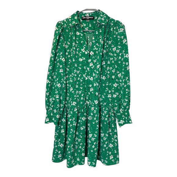 Karl Lagerfeld Dresses & Skirts - Karl Lagerfeld Paris Size-4‎ Green Floral Shirt Dress Long Sleeve Ruffle Zip